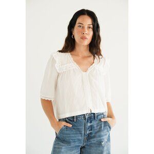 Carly Jean Los Angeles White Lace-Trimmed Blouse S 100% Cotton Relaxed Fit Bew
